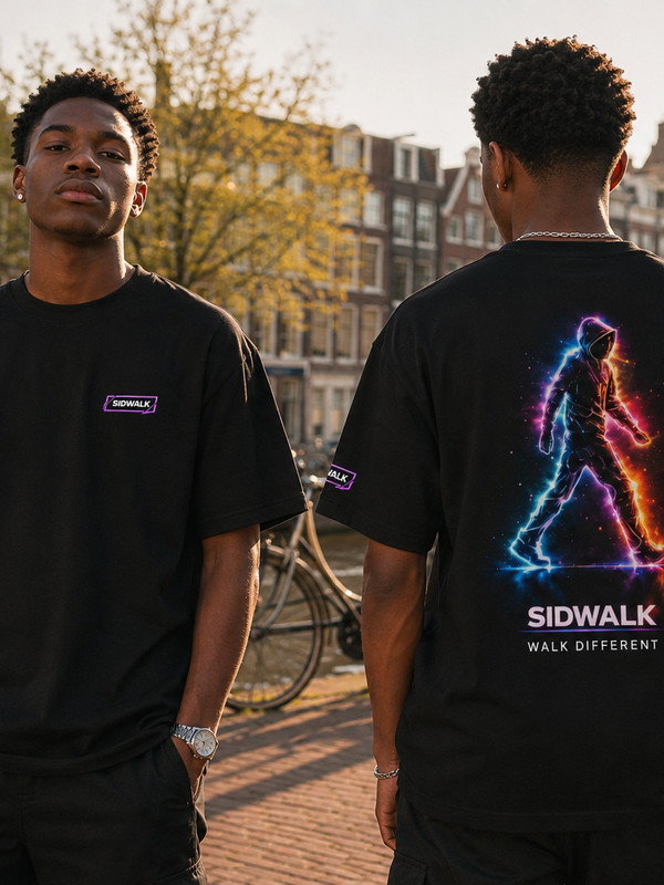 SIDWALK "WALK DIFFERENT" Collection Black T-Shirt | Luxury Neon Glow Edgy Icon Tee — SIDWALK Amsterdam streetwear